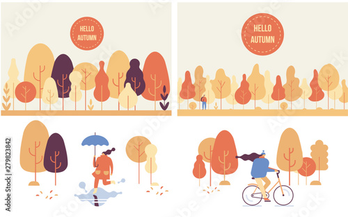 Colorful Autumn park flat vector set. Autumn park landscape. Different People in warm clothes having fun outdoors in urban park.  Autumn park with people illustration. 