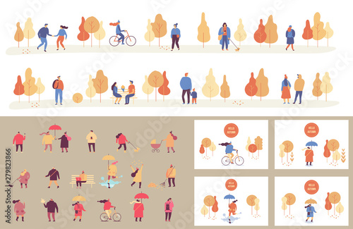 Colorful Autumn park flat vector set. Autumn park landscape. Different People in warm clothes having fun outdoors in urban park.  Autumn park with people illustration. 