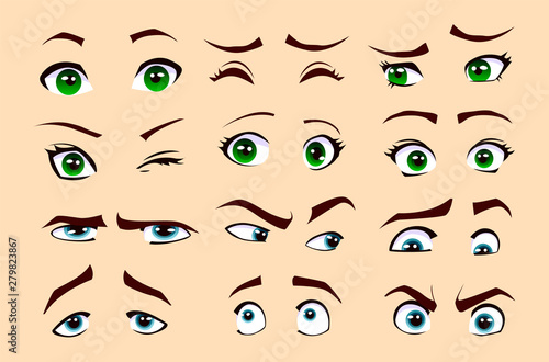 Man's and woman's emotions isolated vector eyes and eyebrows silhouette, face parts.