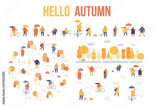 Colorful Autumn park flat vector set. Autumn park landscape. Different People in warm clothes having fun outdoors in urban park. Autumn park with people illustration. 