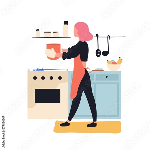 Adorable woman cooking in kitchen. Cute young girl preparing meals at home. Female cartoon character making lunch or dinner. Pastime activity or culinary hobby. Flat colorful vector illustration.