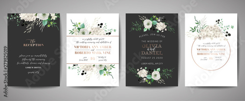 Set of Wedding Invitation, floral invite, thank you, rsvp rustic card design with gold foil decoration. Vector elegant modern template, trendy cover, graphic poster, retro brochure, design template