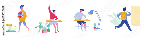 Set  of pupils, school children and students going to school, college or university. Sitting school girl and school boy, student with books. Science and education concept. Vector illustration