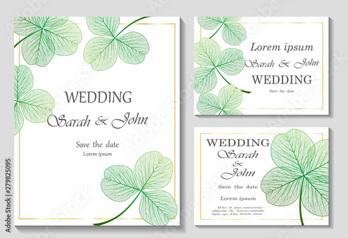 Set Wedding invitation with clover leaves, isolated on white.  Vector illustration. photo