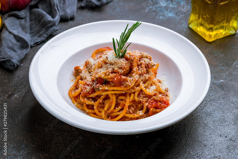 Pasta spaghetti Bolognese on dark concrete background Pasta spaghetti Bolognese on dark concrete background