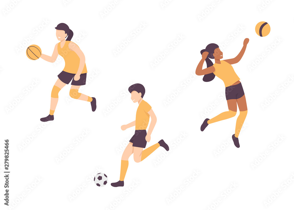 Happy people playing basketball, volleyball, football game. Flat vector characters isolated on white background.