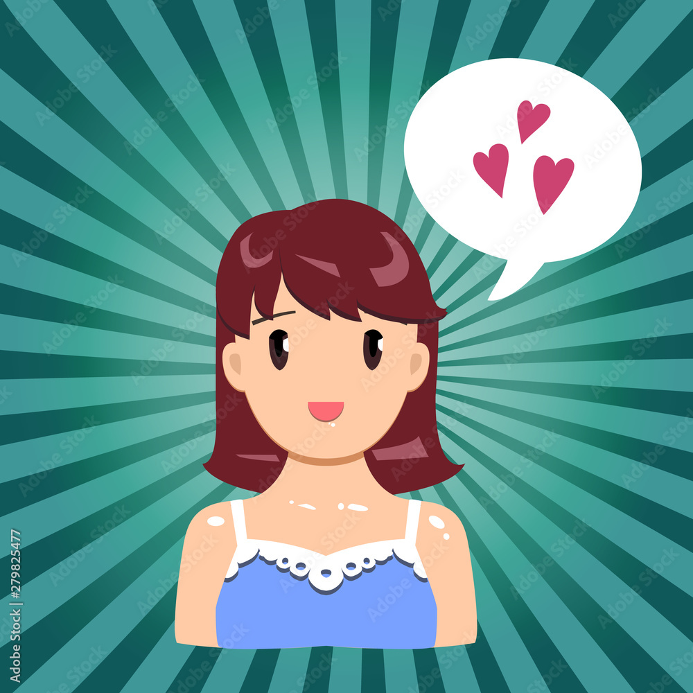 Vector illustration, smiling flat girl feeling love on a striped background. Speech bubble. Vector illustration, smiling flat girl feeling love on a striped background. Speech bubble.