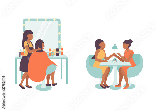 Female hairdresser and client, hairdressing salon, spa salon, manicure and hand treatment, nails polishing. Isolated flat illustration of happy women manicurist and client.