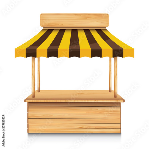 Wood street stall with yellow and brown awning on white background.