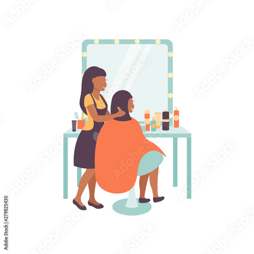 Female hairdresser and client, hairdressing salon, cuts hair vector illustration in flat style.