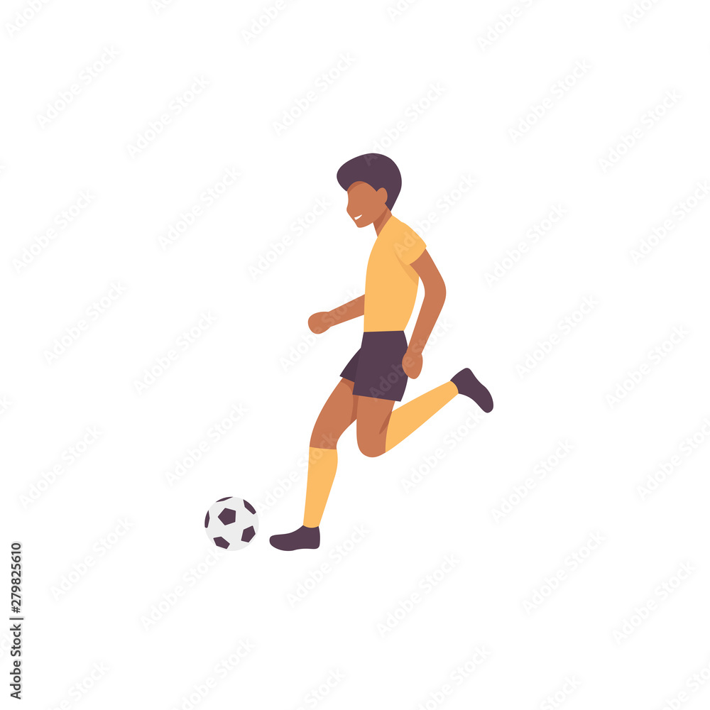 Happy guy plying football game. Flat vector illustration.