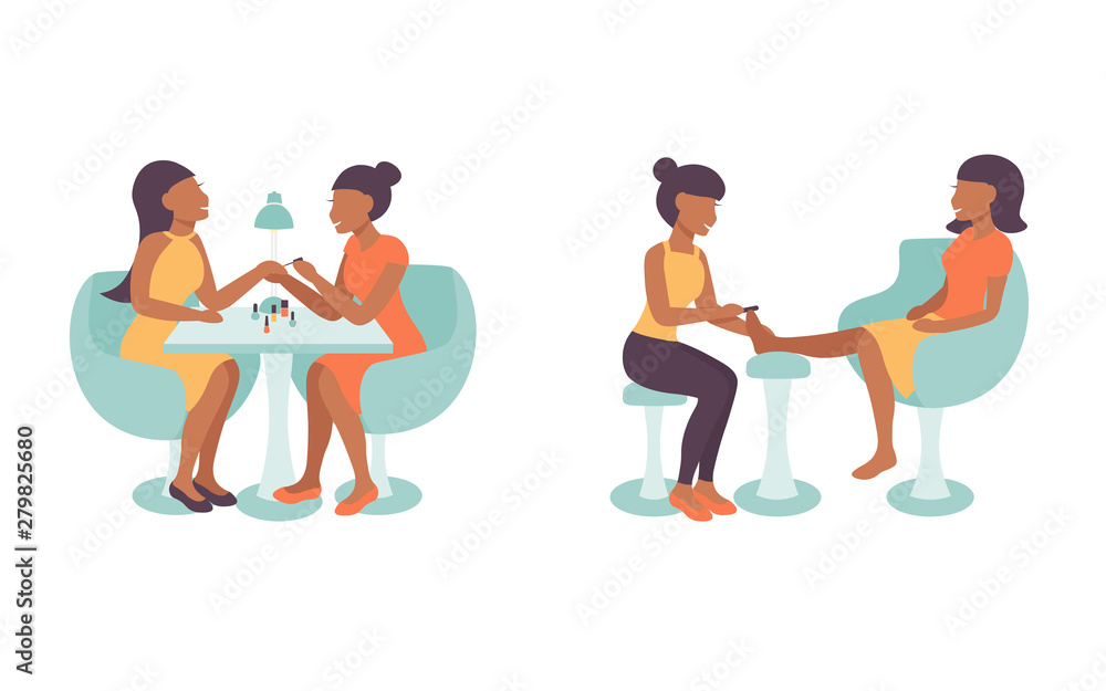 Pedicure and manicure salon illustration, characters  pedicurist and manicurist  woman working. Massage and pedicure, hand treatment, nails polishing of client. Flat vector design.