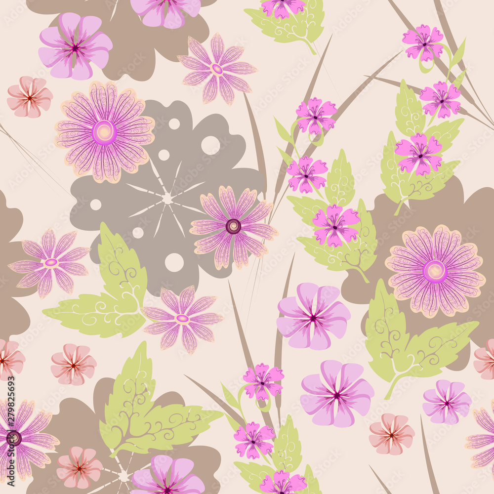 Vector seamless floral pattern with pink small different decorative flowers over light background for the design of fabric in pastel fashion colors.
