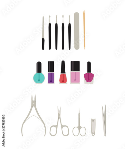 A set of tools for manicure. Flat vector illustration isolated instruments object. 