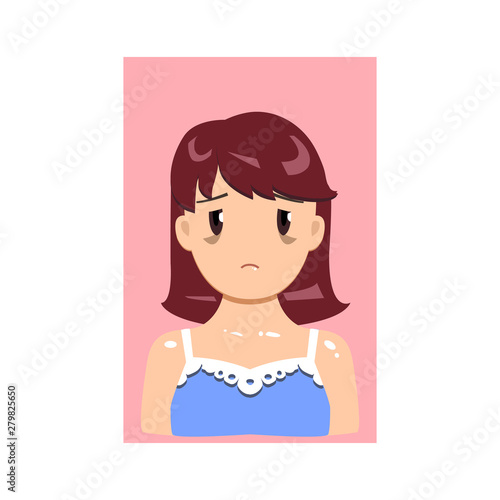 Vector illustration, sad flat girl with dark eye circles