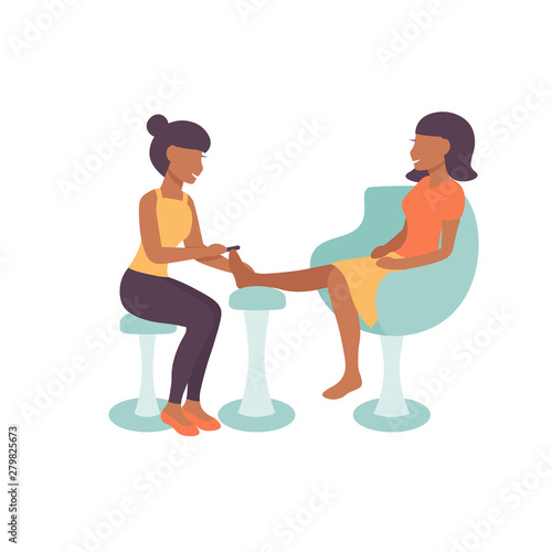 Pedicure salon illustration, characters  Pedicurist woman working on massage and pedicure of client. Flat vector design. 