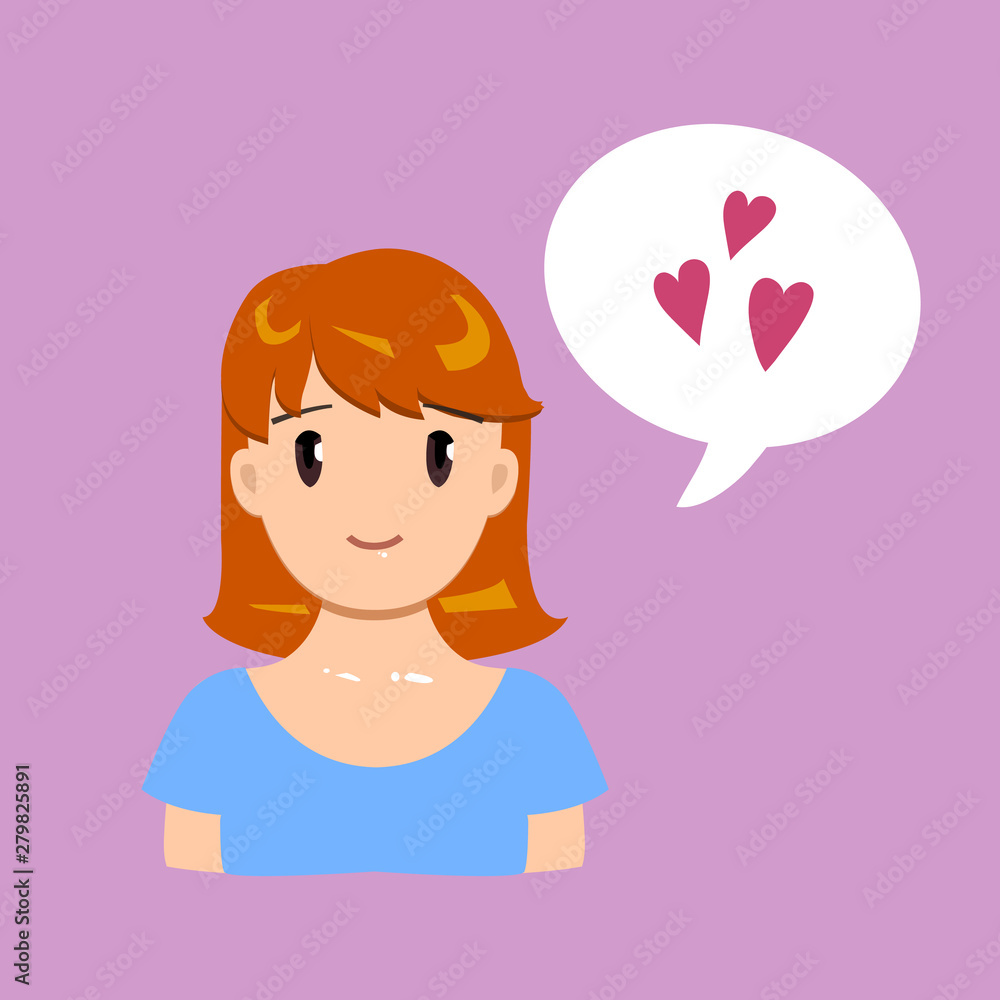 Vector illustration, smiling flat girl feeling love on a pink background. With a speech bubble. Vector illustration, smiling flat girl feeling love on a pink background. With a speech bubble.