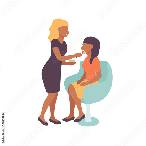 Makeup salon illustration, characters  visagist woman working on visage of client. Flat vector design. 