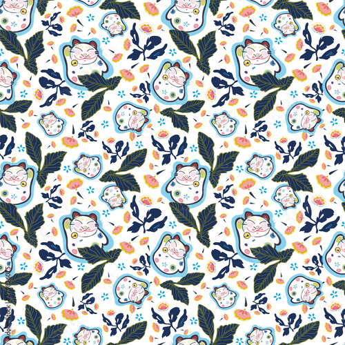White vector repeat pattern with happy maneki neko cat and pink folk art florals. Japan inspired pattern. Comic style. Perfect for paper and textile projects or events. Surface pattern design.