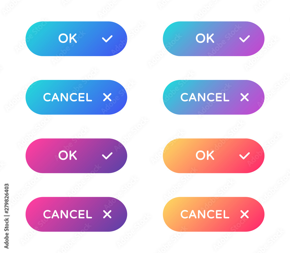 ok cancel web buttons set. filled ui web buttons in flat style. rounded vector buttons on trendy gradients with symbols for web and ui design