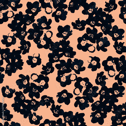 Botanical seamless pattern design. Delicate blue flowers over pink background. 