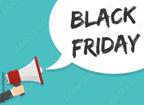 red megaphone in hand with black friday lettering in white dialog speech bubble vector illustration. black friday flat illustration on green background for advertising, promotions, sales, discounts