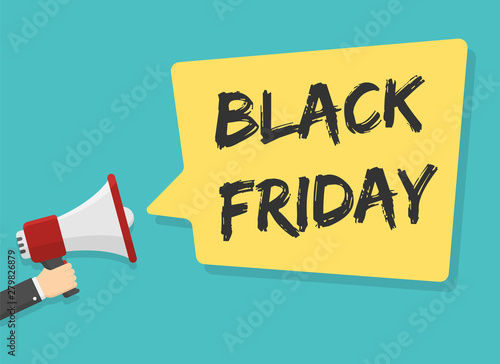 red megaphone in hand with black friday lettering in yellow dialog speech bubble vector illustration. black friday flat illustration on green background for advertising, promotions, sales, messages