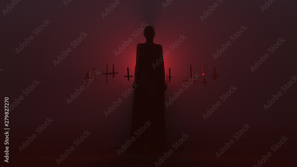 Demon Assassin in a Tight Dress with a Cape and Weighted Chain Sickle  Seductive Vampire Devil Futuristic Haute Couture and Upside Down Floating Crosses Abstract Demon in a Foggy Void 3d illustration 