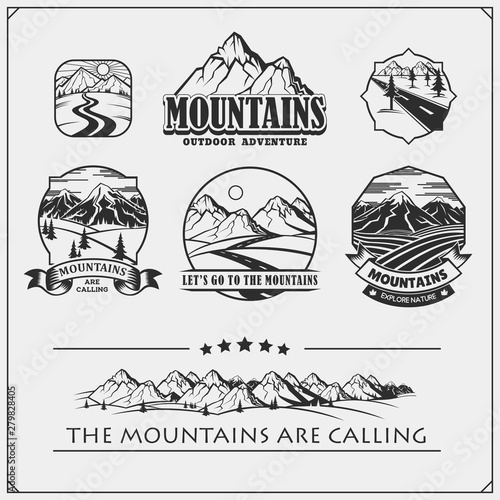 Camping club emblems, badges and design elements. Retro set of mountain tourism, forest camping, outdoor adventure and wanderlust. Print design for camp t-shirt.