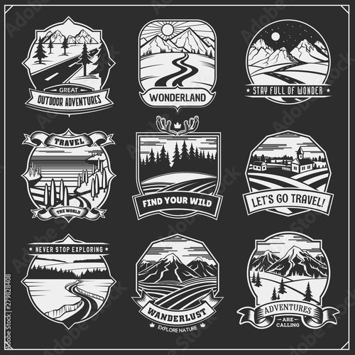 Collection engraving landscapes. Rural, montain, night landscape, fields, meadows and village.