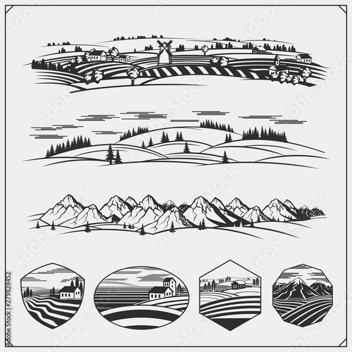 Camping club emblems, badges and design elements. Retro set of mountain tourism, forest camping, outdoor adventure and wanderlust. Print design for camp t-shirt.