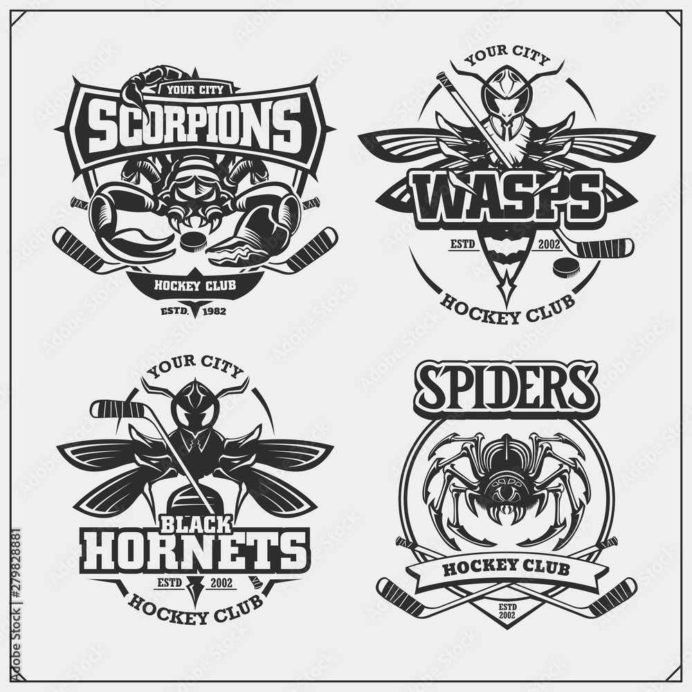 Obraz premium Hockey badges, labels and design elements. Sport club emblems with scorpion, wasp, hornet and spider. Print design for t-shirt.