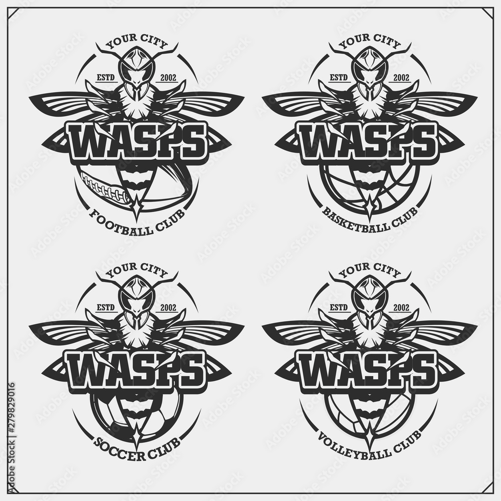 Volleyball, basketball, soccer and football logos and labels. Sport club emblems with wasp. Print design for t-shirts.