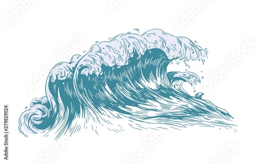 Stylish drawing of sea or ocean wave with foaming crest isolated on light background. Oceanic storm, tide, tsunami seawave. Seawater or saltwater. Realistic vector illustration in antique style. photo