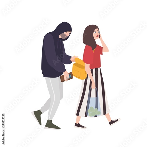 Thief, pickpocket or rubber dressed in hoodie stealing wallet or purse from woman's bag