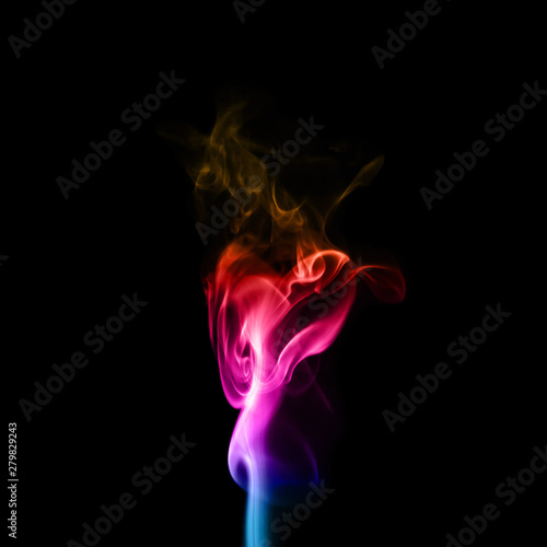 colorful plume smoke isolated on black background closeup