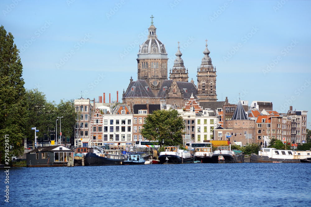 Skyline of Amsterdam, Netherlands with Basilica of Saint Nicholas