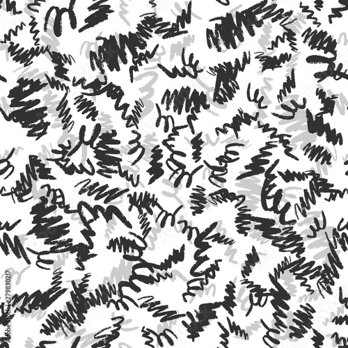 Hand drawn brush strokes seamless pattern. Black and silver Ink backdrop.