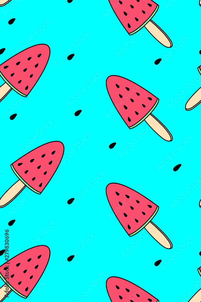 Watermelons blue background. Seamless pattern illustration, summer red sliced water melon. Vector abstract icon for design of natural products, food shop, supermarket, ecology concepts print, health Watermelons blue background. Seamless pattern illustration, summer red sliced water melon. Vector abstract icon for design of natural products, food shop, supermarket, ecology concepts print, health