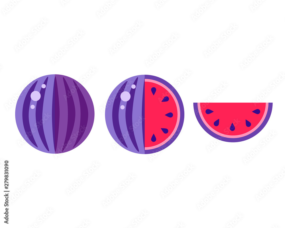 Violet Watermelon vector illustration isolated white background. Happy National water melon day. Fruity paint textured pieces, whole summer food for pattern t shirt print, nutrition decoration, banner Violet Watermelon vector illustration isolated white background. Happy National water melon day. Fruity paint textured pieces, whole summer food for pattern t shirt print, nutrition decoration, banner