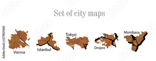 Set of landscape elements. City. (Top view) road, port, airport. (View from above)