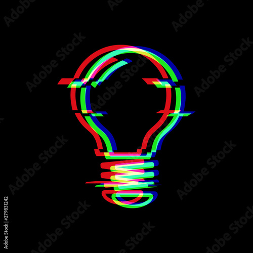 Light Bulb line symbol in glitch style. Electric lamp. Icon of idea isolated on black background. Solution thinking concept. Modern digital pixel distorted design. Television video error shape.