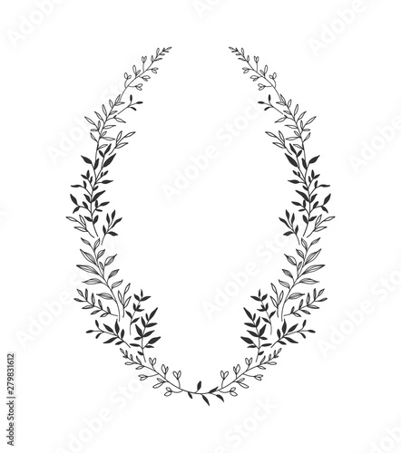 Hand drawn floral oval frame wreath on white background