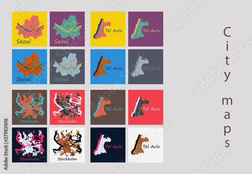 Set of landscape elements. City. (Top view) road, port, airport. (View from above)