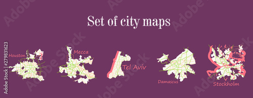 Set of landscape elements. City. (Top view) road, port, airport. (View from above)