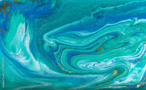 Blue, green and gold marbling pattern. Golden powder marble liquid texture.