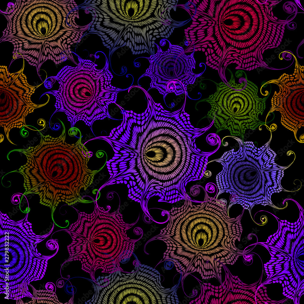 Memphis seamless pattern in the style of 80's. Bright color elements on a dark background. Memphis seamless pattern in the style of 80's. Bright color elements on a dark background.