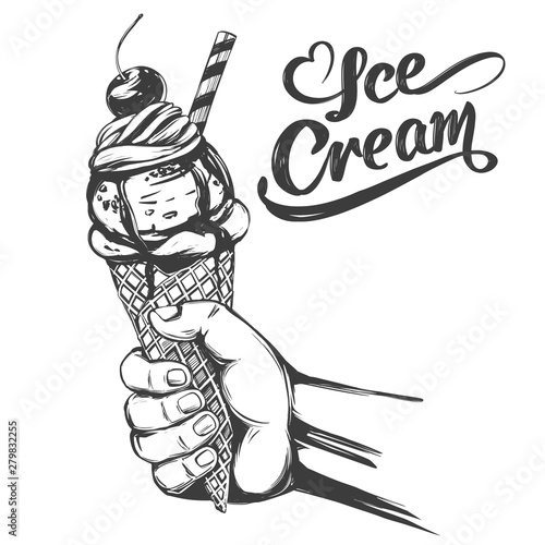 Ice cream holding hand, hand drawn vector illustration realistic sketch