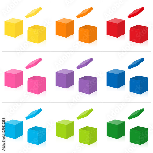 Gift boxes with closed and open cover. Colorful set of nine parcels. Isolated 3d vector illustration on white background.