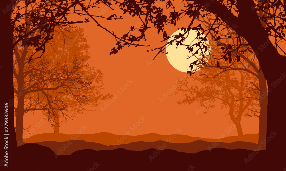 Illustration of landscape with forest, trees and hills, under evening orange sky with full moon or sun and space for text, vector